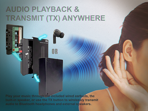 cassette player, plays your music through the built-in speaker or included earbuds.