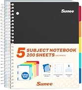 SUNEE 5 Subject Notebook College Ruled - 400 Pages, 9"x11", 5 Pocket Colored Dividers, 3-Hole Pun...