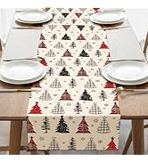 Croar Christmas Tree Dining Table Runner, Xmas Pine Trees Buffalo Plaid Farmhouse Burlap Kitchen ...