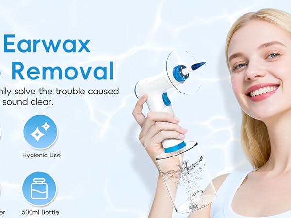 Text reads "LESCOLTON" and "Electric Earwax Removal Removal Tool." Woman holding blue handheld ear cleaning device with nine feature icons displayed below.