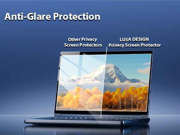 Text reads 'Anti-Glare Protection', 'Cyber Privacy Screen Protection', 'LIXIL DESIGN Privacy Screen Protector'. Laptop displaying mountain and autumn forest scene with screen protector demonstration.