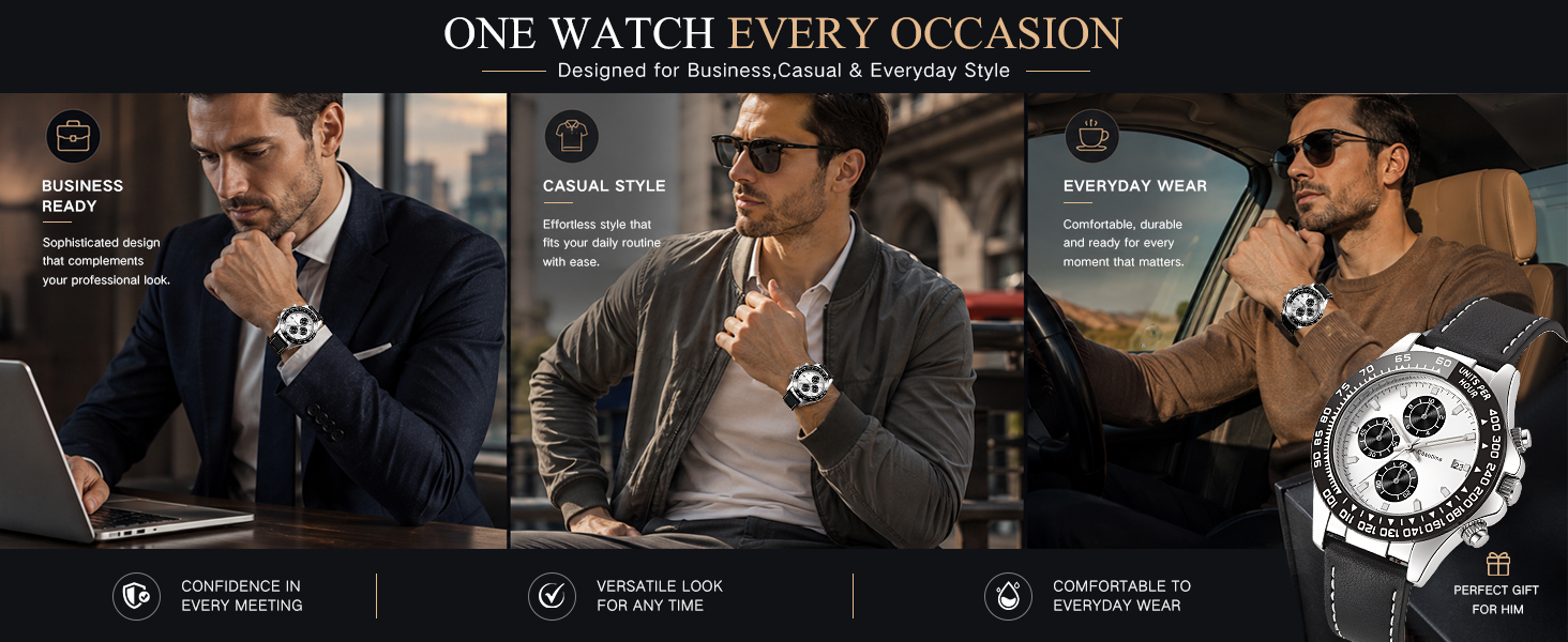 Casotime Watches for Men Leather Band Chronograph for Business,Casual,Everyday Wear Gift for Men