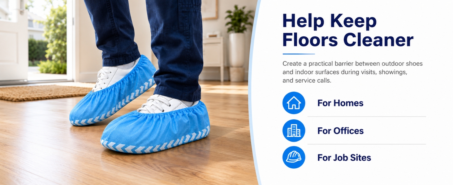 Blue shoe covers on indoor floor for homes, offices, and job sites