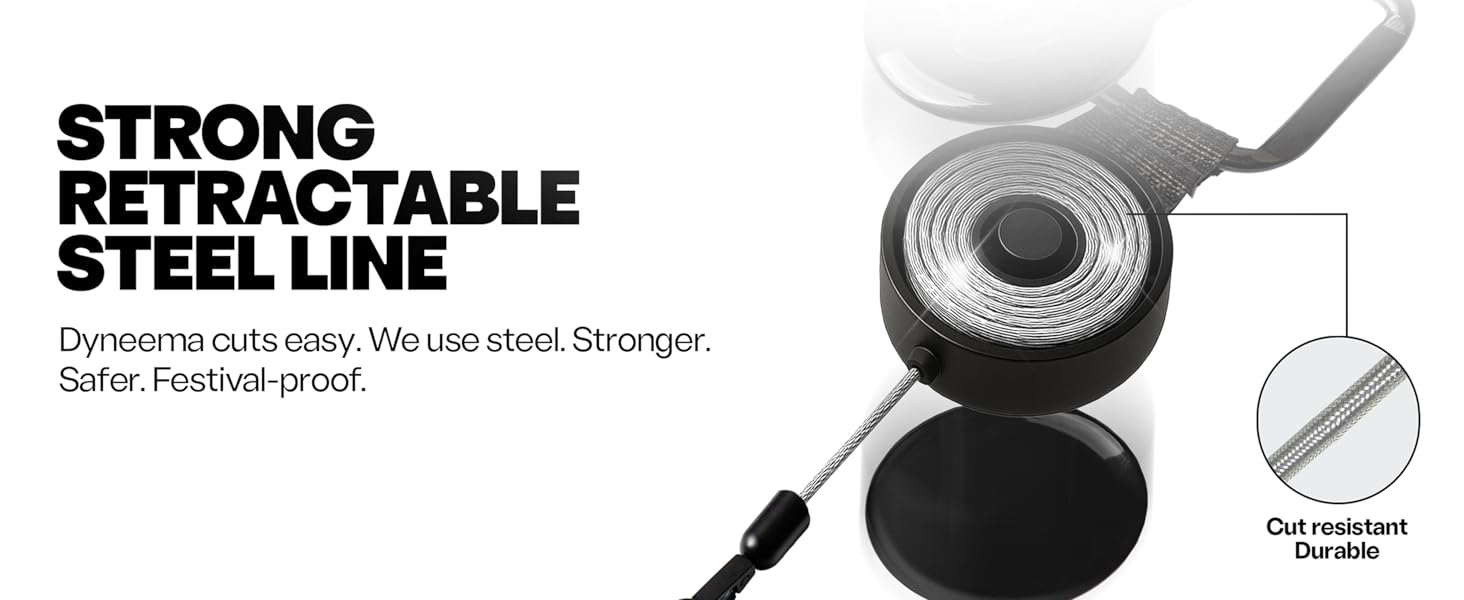 retractable phone tether with steel line and tether tab