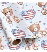 RUSPEPA Patriotic Bear Wrapping Paper Roll, Mini Roll, Red Blue Brown Bear with Balloon Heart Des...