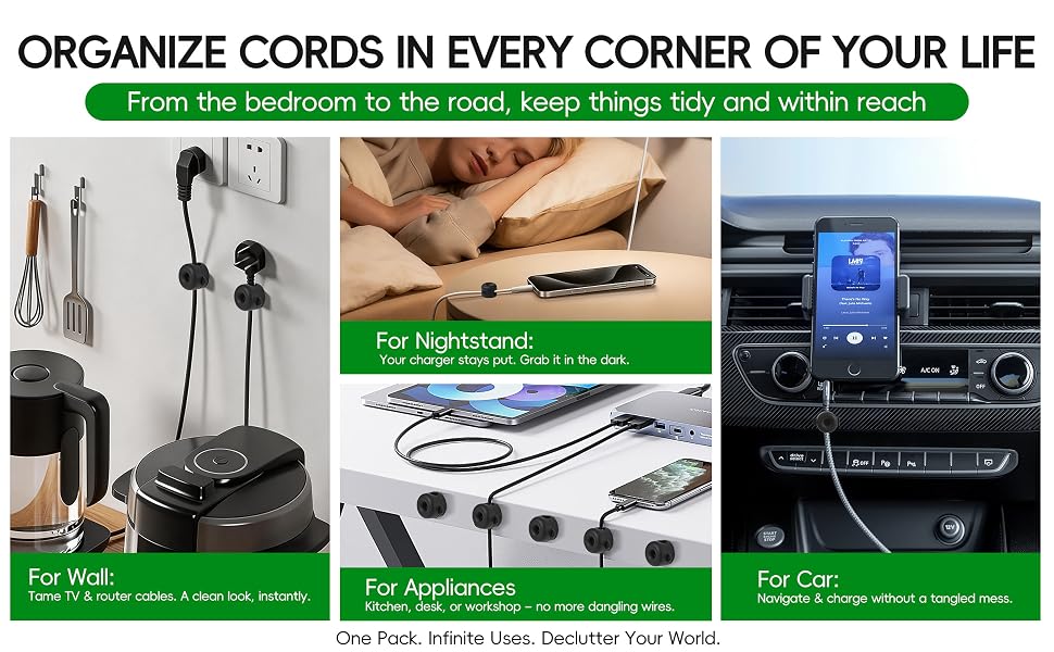 cord organizer for wall nightstand car desk kitchen appliance