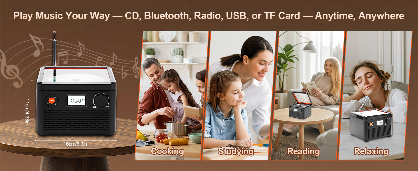 Play Music Your Way - CD, Bluetooth, Radio, USB, or TF Card - Anytime, Anywhere
