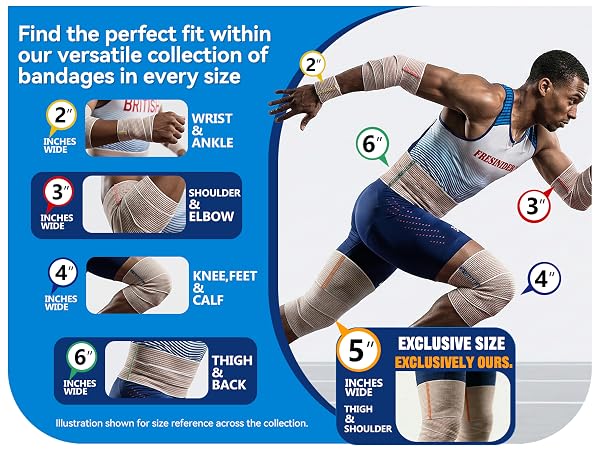 Elastic bandage size options for wrist, elbow, knee, ankle, thigh and back