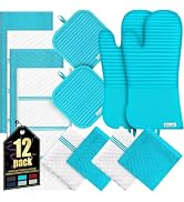 Oven Mitts Kitchen Towels and Dishcloths with Pot Holders Sets, Oven Gloves Hot Pads 500°F Heat R...