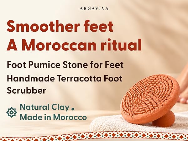 Argaviva terracotta foot scrubber with a textured face resting on a towel
