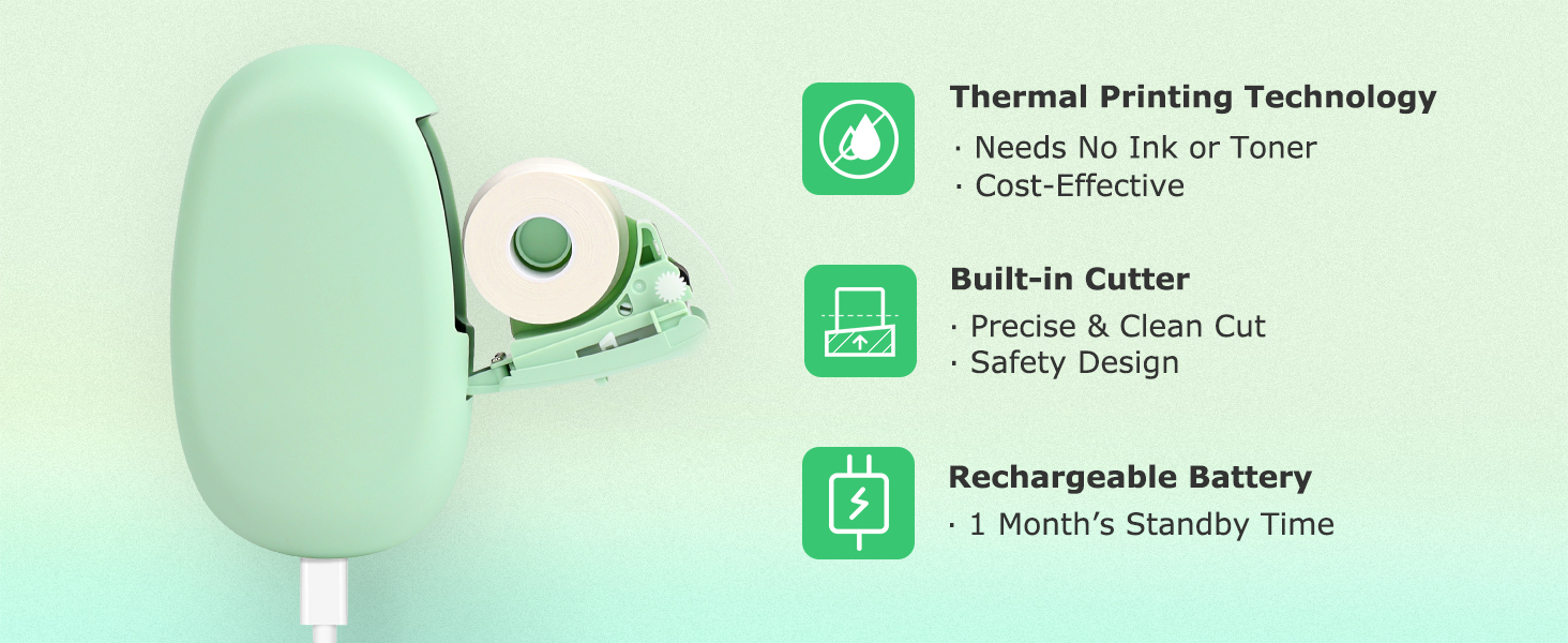 Ink-free label maker: Built-in cutter & rechargeable battery