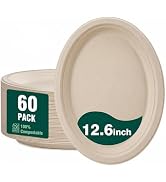 DaYammi 100% Compostable Oval Paper Plates 12 Inch, 60-Pack Heavy Duty Paper Plates Bulk,Biodegra...