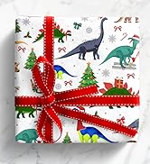 ZINTBIAL Dinosaur Christmas Wrapping Paper - Xmas Gift Wrap with Holiday Trees, Santa Hat, Snowfl...