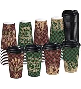 RUSPEPA Disposable Paper Coffee Cups with Lids 16 oz - 48 Pack Christmas Plaid Design Printed Pap...
