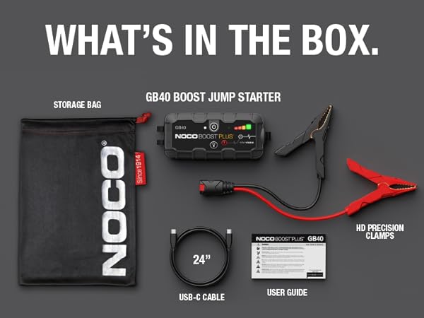 Whats in the box. GB40 jump starter, jumper cable clamps, USB cable and microfiber bag.