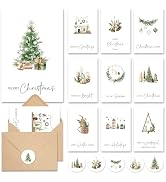 AUDREE Christmas Cards with Envelopes & Matching Stickers (20 Pack 4"x6") - Watercolor Woodland R...