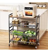 Cinati 4-Tier Utility Kitchen Cart with Wood Top, 29" L Kitchen Storage Cart with 8 Baskets & Han...