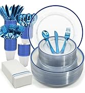 AIRE 175PCS Blue Plastic Plates for Party Supplies Dinnerware Sets for 25 Guests, Disposable Plas...