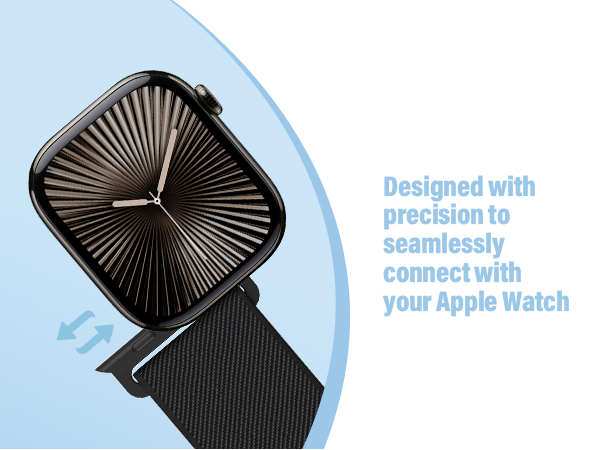 Text reads 'Designed with precision to your Apple Watch' and 'Seamlessly connect with'. Black metallic watch band with ribbed texture shown from multiple angles.