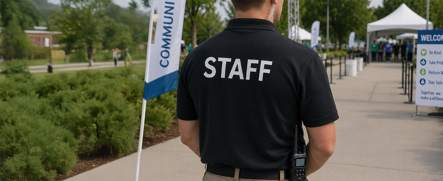 Event staff member using earpiece with FRS-A1 radio clipped at waist