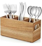 DRASTAR Silverware Holder, Acacia Wooden Utensil Caddy, Silverware Organizer Countertop, Cutlery ...