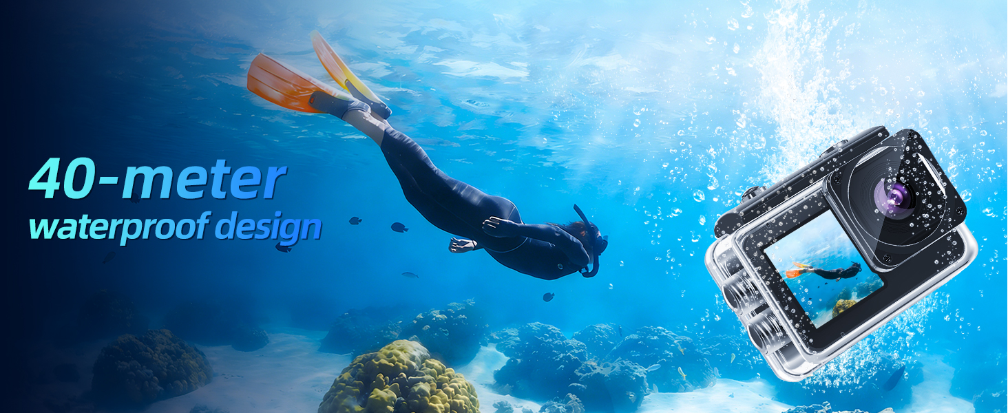Text reads '40-meter waterproof design'. Underwater scene showing swimmer and action camera, with blue water environment.