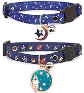 2 Pack Cotton Breakaway Cat Collar with Bell,Blue Moon and Stars Pendant Cute Cat Collar Kitten C...