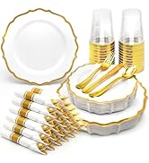 175 PCS Gold Plastic Dinnerware Set - Disposable Fancy Baroque Plates with Gold Rim Heavy Duty Pl...