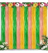 4 Pack Hawaiian Party Decorations, 3.28 FT x 7.05 FT Hawaii Tinsel Backdrop, Green Brown Yellow F...