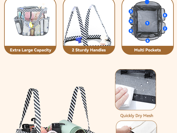 Heavy-duty nylon mesh Waterproof Large drainage hole Double handle Quick dry Key hook 2 tags