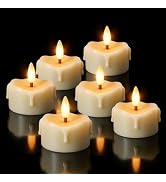 Real Wax Flameless Tea Light Candles, 6H Timer, Battery Operated, 6-Pack | Bone-color dripped-wax...
