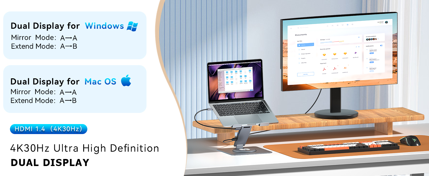 laptop stand with USB C docking station Dual display two display mirror extend copy