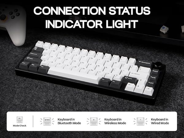 Compact mechanical keyboard with white and black keys, featuring a connection status indicator light. Diagram shows three modes: Bluetooth, Wireless, and Wired.