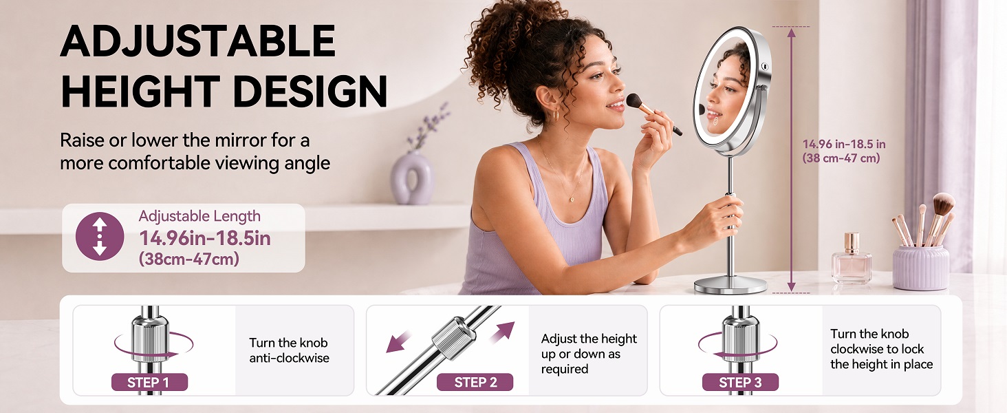 38–47cm adjustable makeup mirror adjusts height via twist knob for locking.