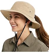 Womens Sun Hat with Hidden Ponytail Opening Wide Brim UPF50+ Waterproof Bucket Rain Hat with Remo...