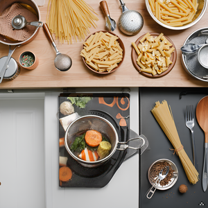 A kitchen counter with various cooking utensils and the product in the center.