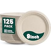 DaYammi 100% Compostable Paper Plates 9 Inch, 125-Pack Heavy Duty Natural Paper Plates Bulk,Biode...