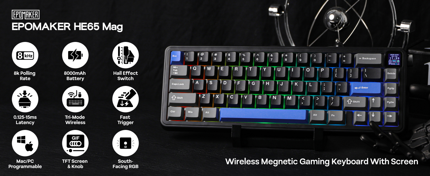 Wireless magnetic gaming keyboard with RGB backlit keys and a small screen. Features include programmable keys, mechanical switches, and a compact 65% layout.