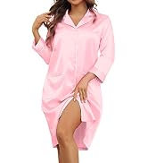 ANGGREK Women's Nightgown Button Down Sleepshirt Satin Nightdress 3/4 Sleeve Nightshirt Boyfriend...