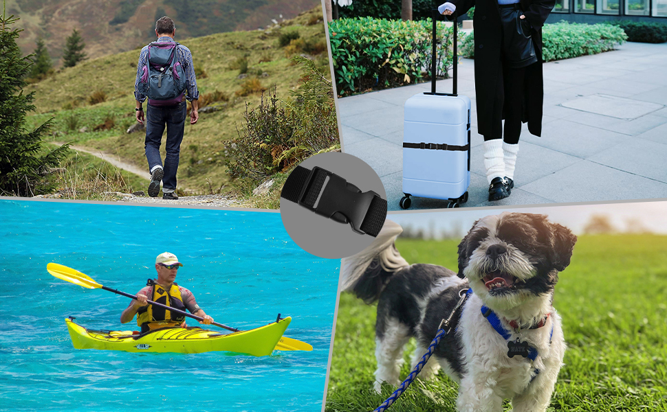 dog collar, belt, harness, kayak, fanny pack, luggage strap, travel bag