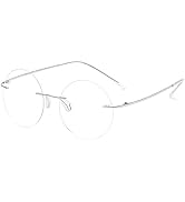 VEVESMUNDO Round Reading Glasses Metal Rimless Titanium Frameless Clear Eyeglasses Readers Blue L...