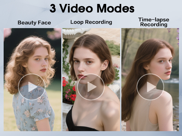Text reads '3 Video Modes', 'Beauty Face', 'Loop Recording', 'Time-lapse Recording'. Three panel demonstration of different camera recording modes.