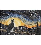 Supwhd Starry Night Black Cat Door Mat, Black Cat Decor Front Door Mat Outdoor Indoor Entrance, C...