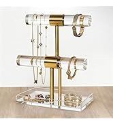 SOVQUEST Acrylic Jewelry Display Stand 2 Tier Clear Bracelet Holder Necklace Stand Gold Metal T B...