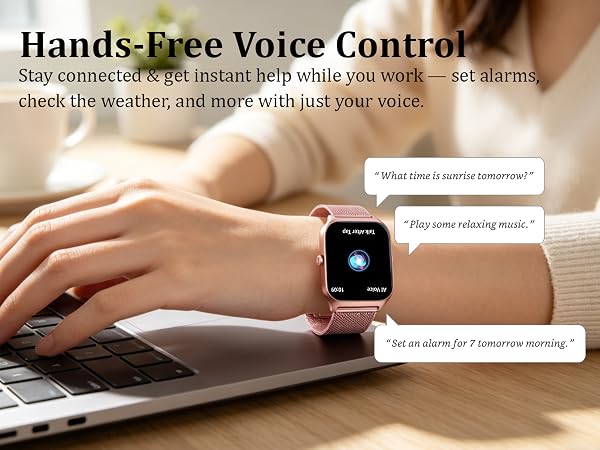 Text reads 'Hands-free Voice Control' with 'Stay connected • Control with voice commands • No need to use your hands • Set alarms • Check the weather and much more with just your voice.' Hand interacting with smartwatch displayed against laptop keyboard.