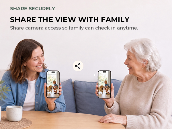 Family members view and share the camera feed on smartphones.