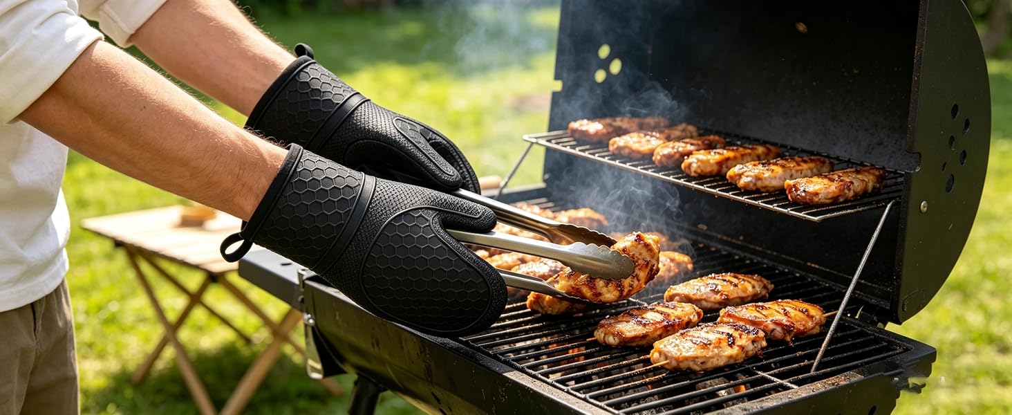 BBQ essential! Heat-resistant silicone mitts for safe outdoor grilling and easy grip handling