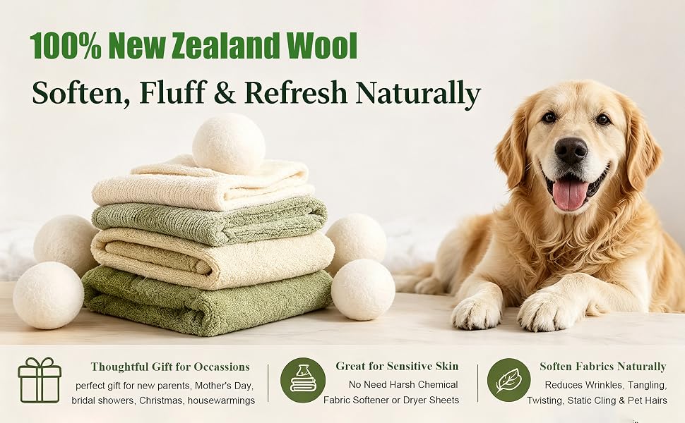 Wool Dryer Balls, Reusable Fabric Softener, Cut Drying Time, Reduce Wrinkles Lint Pet Hair