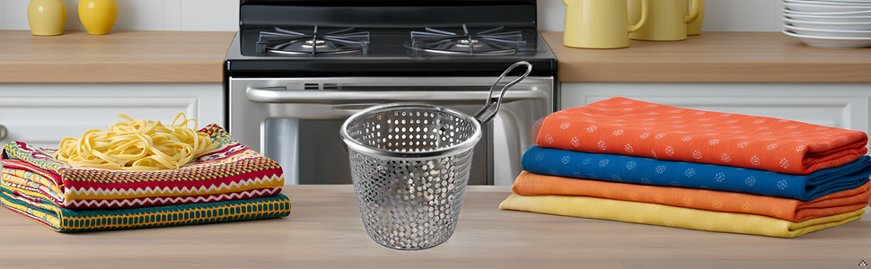 A kitchen countertop with a pot of boiling water and the product resting nearby.