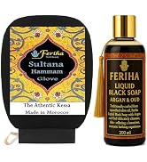 FERIHA Moroccan Hammam Spa Set – Argan & Oud Black Soap + Exfoliating Kessa Glove for Deep Cleans...